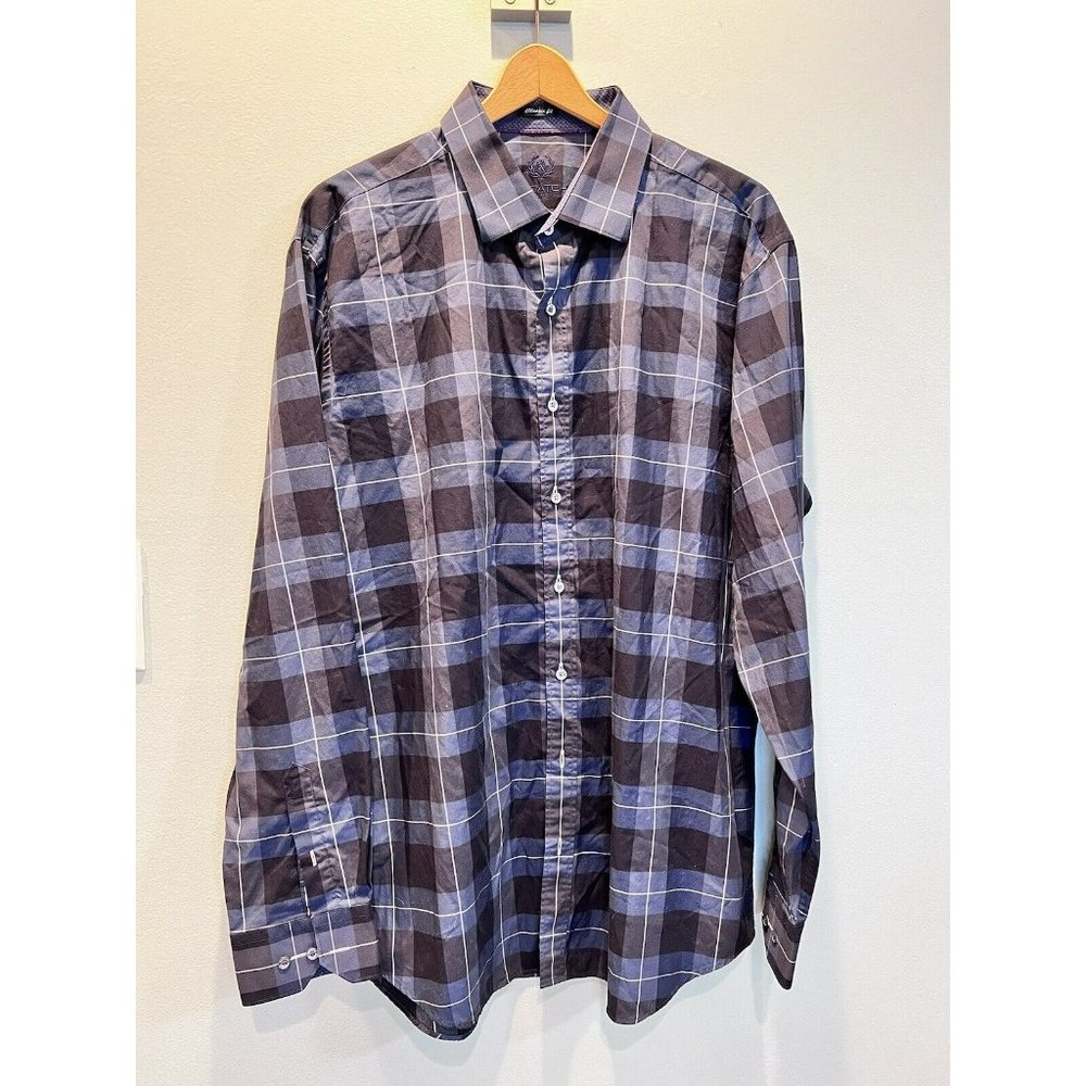 Bugatchi Uomo Mens Blue Plaid XL Classic Fit Button Up Shirt Long Sleeve